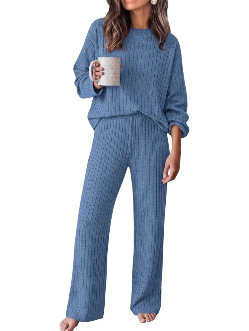 Mock Neck Lounge Sets for Women Long Sleeve Knit Ribbed Pajama Sets